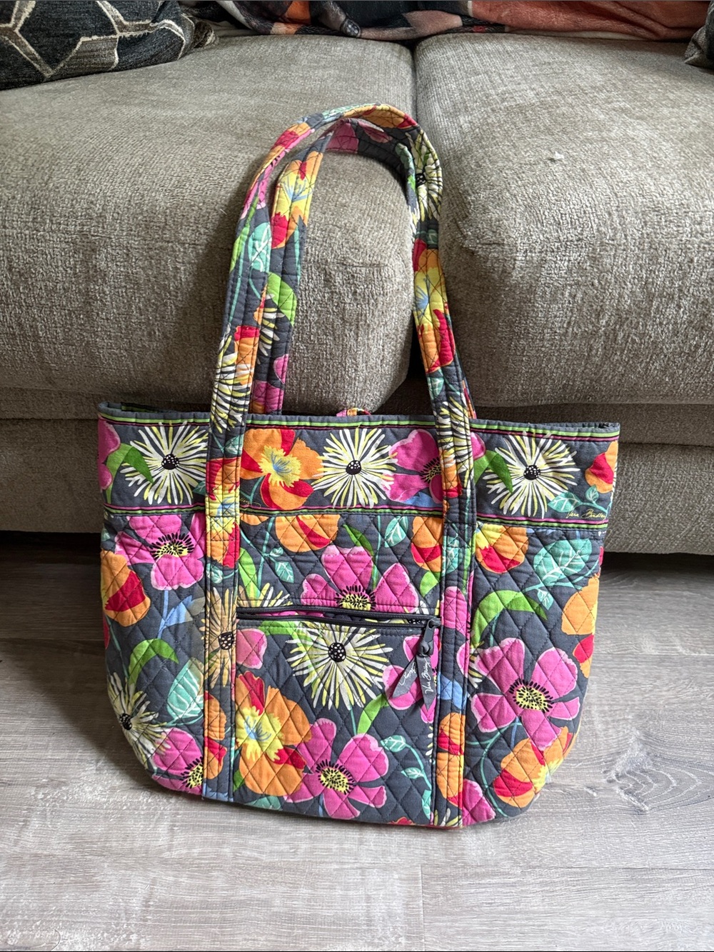 Vera Bradley Gray Quilted Tote with Bright Floral Print